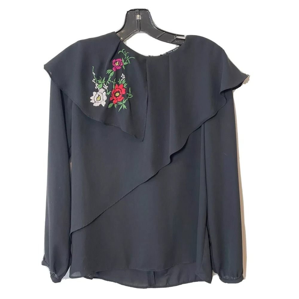 ZARA Basic Collection Long Sleeve Floral Blouse S Black Embroidered Ruffle